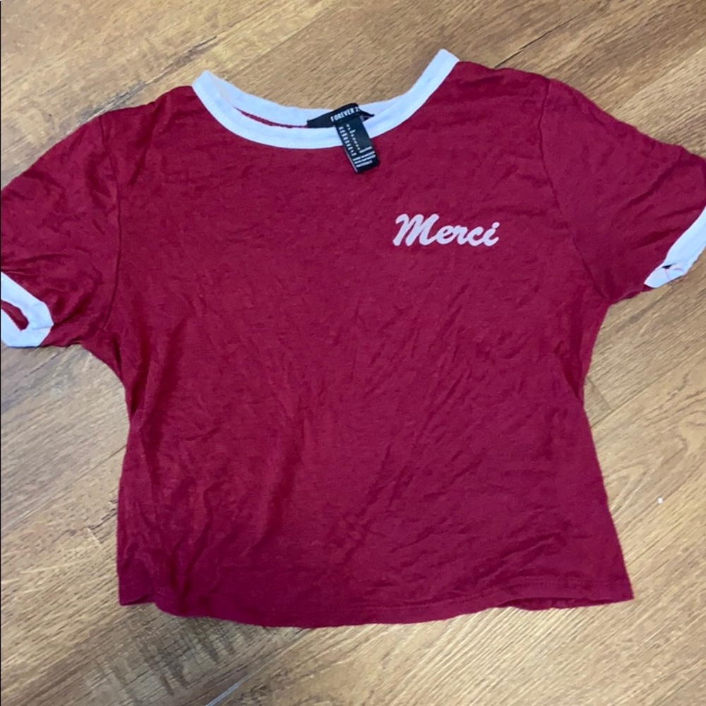 red “merci” crop top